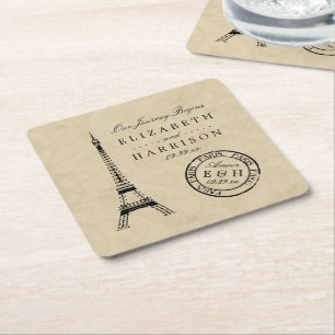Vintage Eiffel Tower Paris Postmark Wedding Square Paper Coaster
