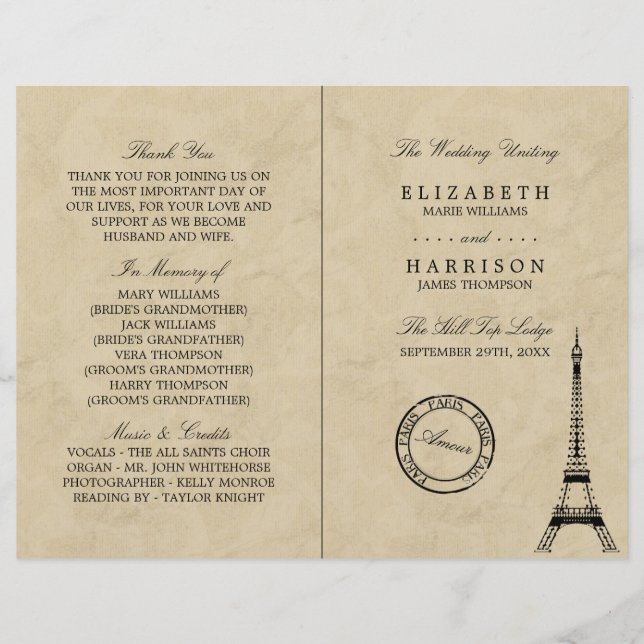Vintage Eiffel Tower Paris Wedding Program (Front)