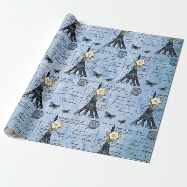Vintage Eiffel Tower Postcards on Blue Wrapping Paper (Unrolled)