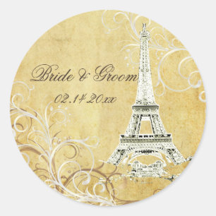 VINTAGE EIFFEL TOWER/VANILLA SWIRLS CLASSIC ROUND STICKER