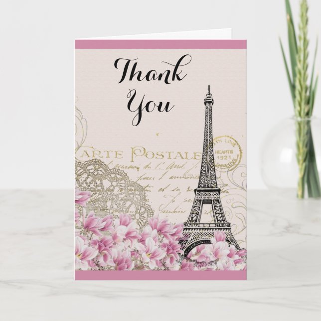 Vintage Eiffel Tower with Pink flowers Thank You (Front)