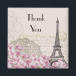Vintage Eiffel Tower with Pink Flowers Thank You Magnet<br><div class="desc">A thank you magnet with a whimsical vintage collage which has an old french postcard background with an eiffel tower sketch and some pink and white wildflowers bordering the bottom. Fancy swirly embellishments decorate the sides.</div>