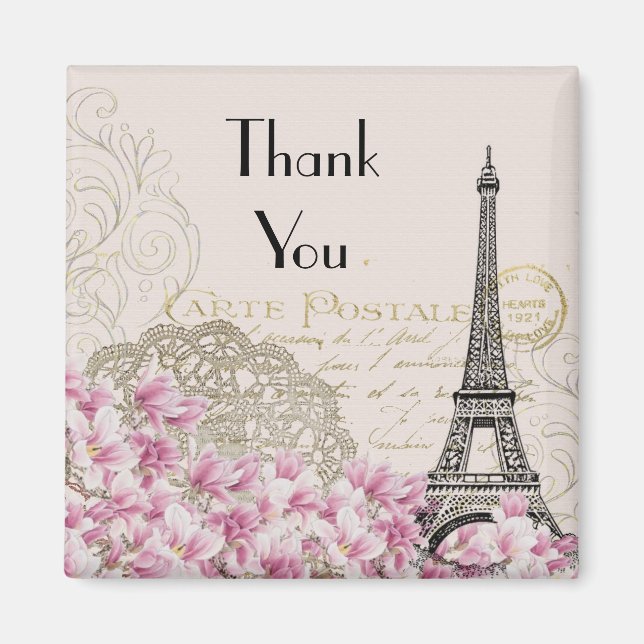 Vintage Eiffel Tower with Pink Flowers Thank You Magnet (Front)