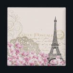 Vintage Eiffel Tower with Pink WildFlowers Magnet<br><div class="desc">A whimsical vintage collage which has an old french postcard background with an eiffel tower sketch and some pink and white wildflowers bordering the bottom. Fancy swirly embellishments decorate the sides.</div>