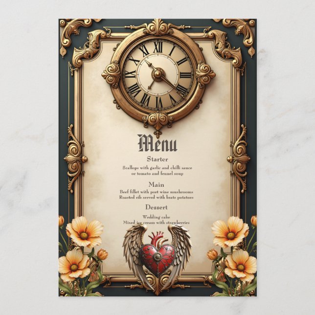 Vintage elegance: an elegant clock and heart. menu (Front)