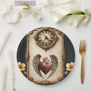 Vintage elegance: an elegant clock and heart. paper plate