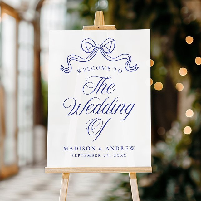 Vintage Elegance Blue Bow Wedding Welcome Acrylic Sign (Creator Uploaded)