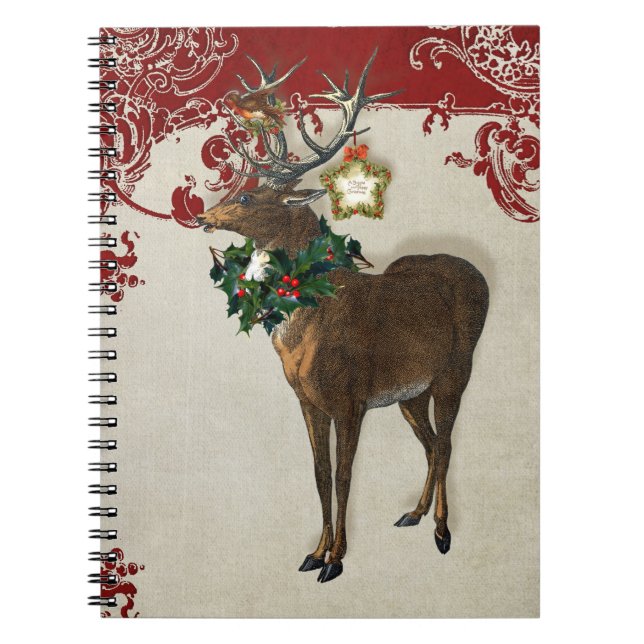 Vintage Elegance Christmas Deer Antlers Damask Notebook (Front)