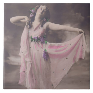 Vintage Elegance in Pink Floral Dress Ceramic Tile
