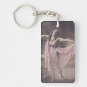Vintage Elegance in Pink Floral Dress Key Ring