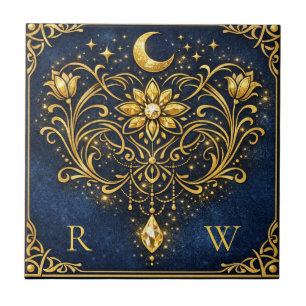 Vintage Elegance Mystical Gold Celestial Monogram Ceramic Tile