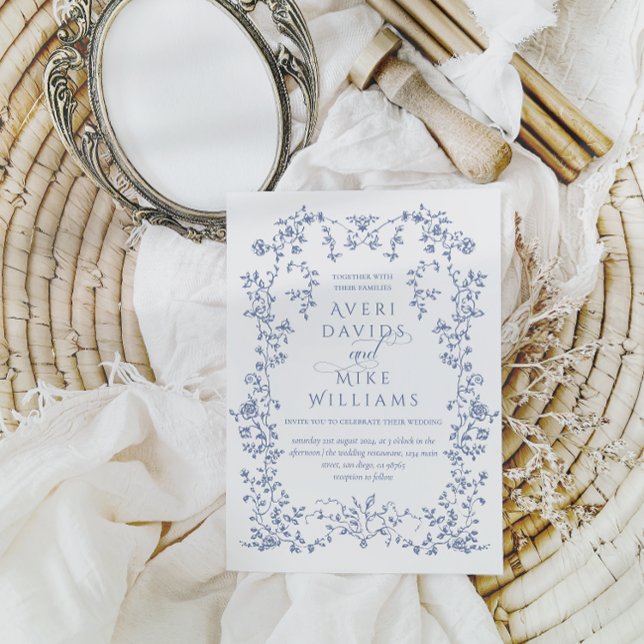 Vintage Eleganse Dusty Blue Flowers Frame Wedding Invitation (Creator Uploaded)