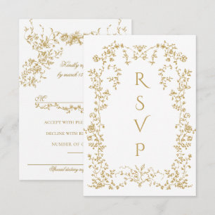 Vintage Eleganse Golden Flowers Photo Wedding RSVP Card