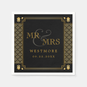 Vintage Elegant Art Deco Black Gold Wedding Napkin