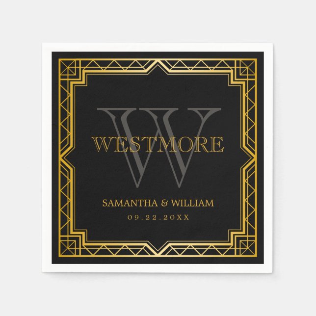 Vintage Elegant Art Deco Black Gold Wedding Napkin (Front)