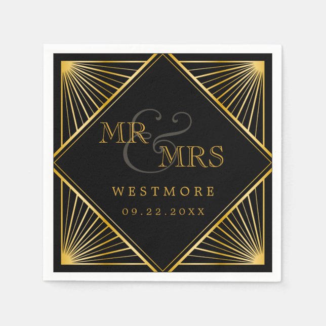 Vintage Elegant Art Deco Black Gold Wedding Napkin (Front)