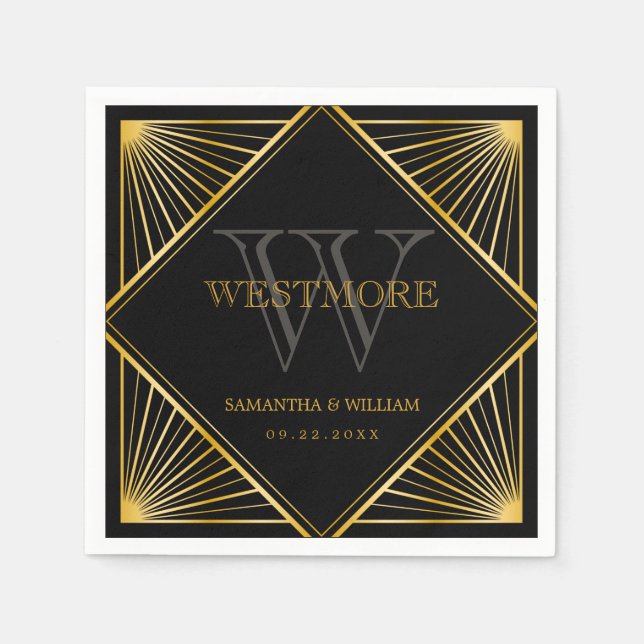 Vintage Elegant Art Deco Black Gold Wedding Napkin (Front)
