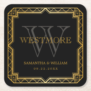 Vintage Elegant Art Deco Black Gold Wedding Square Paper Coaster