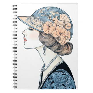 Vintage Elegant Art Deco Fashion Lady Hat Pearls Notebook