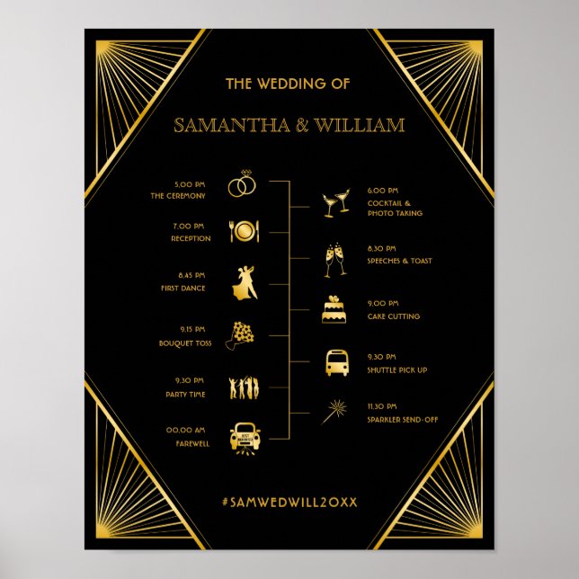 Vintage Elegant Art Deco Gold Wedding Timeline Poster (Front)