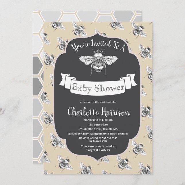 Vintage Elegant Bees Baby Shower Invitation (Front/Back)