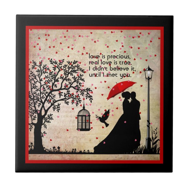 Vintage Elegant Beige & Black Poetry Valentines Ceramic Tile (Front)