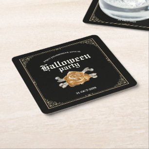 Vintage Elegant Black Golden Rose Halloween Party Square Paper Coaster