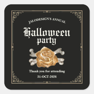 Vintage Elegant Black Golden Rose Halloween Party Square Sticker