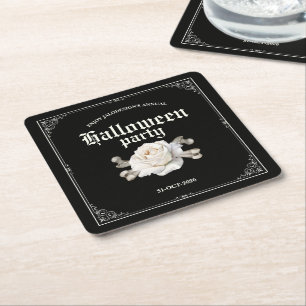 Vintage Elegant Black Silver Rose Halloween Party Square Paper Coaster