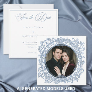 Vintage Elegant Blue Crest Garden Photo Wedding Save The Date