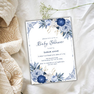 Vintage Elegant Blue Flower Frame Baby Shower Invitation