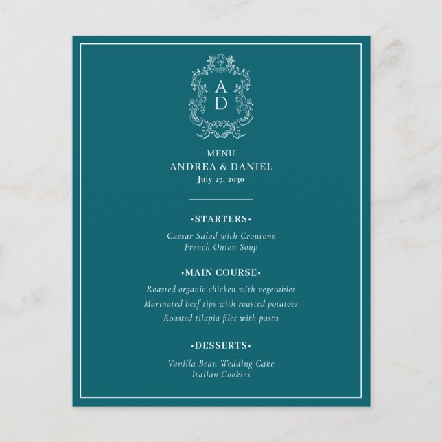Vintage Elegant Blue With Border Wedding Menu (Front)