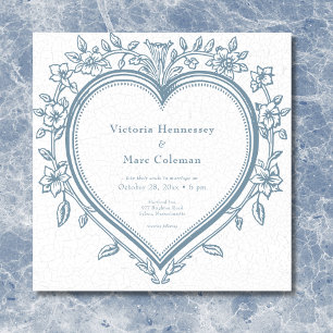 Vintage Elegant Chinoiserie Blue Heart Wedding Invitation