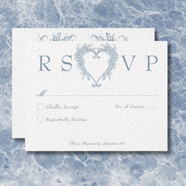 Vintage Elegant Chinoiserie Blue Heart Wedding RSVP Card (Vintage Elegant Chinoiserie Blue Heart Wedding RSVP Card)