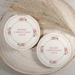 Vintage Elegant Christmas Botanical Poinsettia Round Paper Coaster