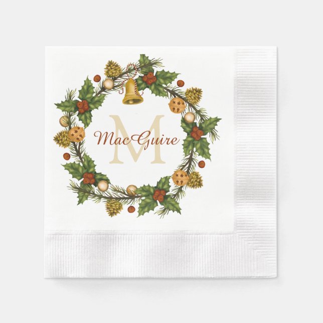 Vintage Elegant Christmas Wreath Monogram Initial Napkin (Front)