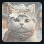 Vintage Elegant Cute Christmas Cat Lover Gift Square Sticker<br><div class="desc">This charming vintage sticker features a white, cute Christmas cat happily smiling while wearing a decorative festive hat in a snowy Christmas winter scene. 🐱🎄 A purrfect delight for cat lovers and owners, this colorful and whimsical Personalized cat design is sure to bring joy. 🐾 What makes this sticker special...</div>