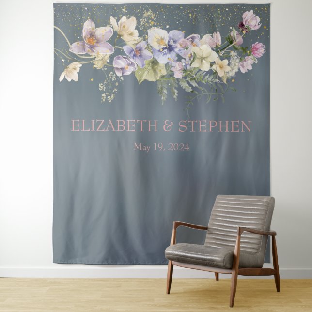  Vintage Elegant Dusty Blue Floral Wedding Tapestry (In Situ)