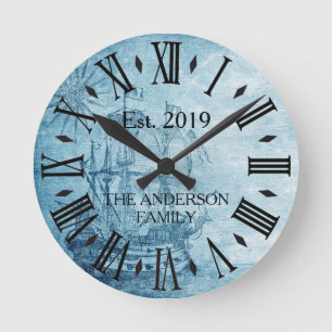 Vintage Elegant Family Name Roman Numeral Nautical Round Clock