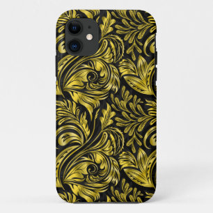 Vintage, elegant, floral, black and gold damask th iPhone 11 case