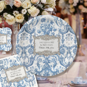 Vintage Elegant Floral Blue n White Silver Bridal Paper Plate