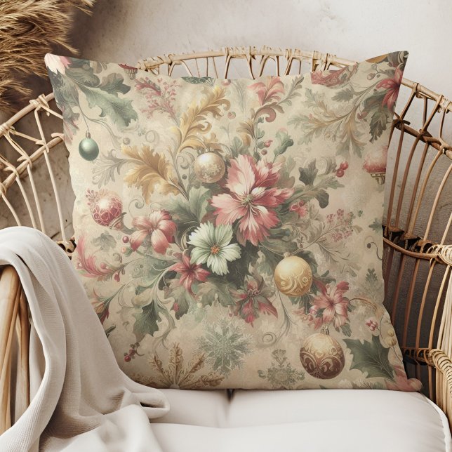 Vintage Elegant Floral Christmas Throw Pillow (Vintage Elegant Floral Christmas Throw Pillow in a boho rattan armchair.)