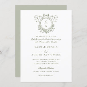 Vintage Elegant Floral Crest Bow Ribbon Wedding Invitation