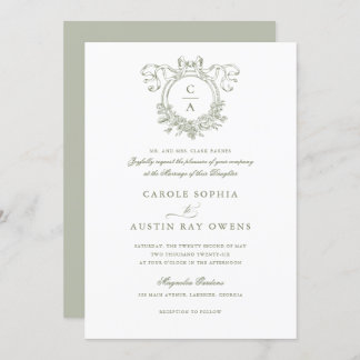 Vintage Elegant Floral Crest Bow Ribbon Wedding Invitation