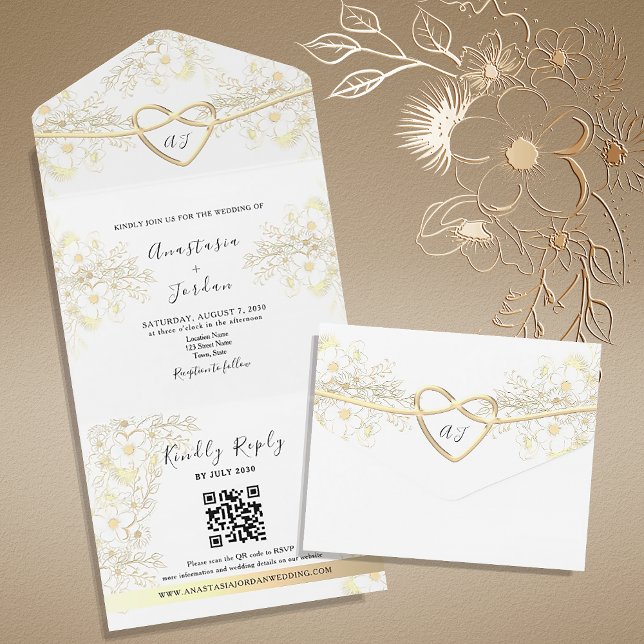 Vintage Elegant Floral Gold Heart Wedding  All In One Invitation (Creator Uploaded)
