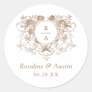 Vintage Elegant Floral Leafy Crest Wedding Classic Round Sticker