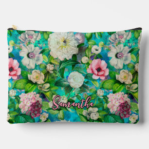 Vintage Elegant floral pink flowers blue monogram Accessory Pouch