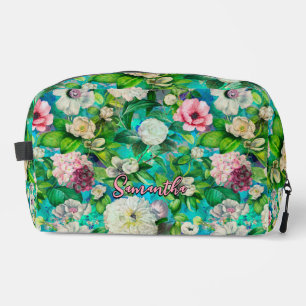 Vintage Elegant floral pink flowers blue monogram Dopp Kit