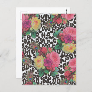 vintage elegant flowers cheetah peacock floral  postcard