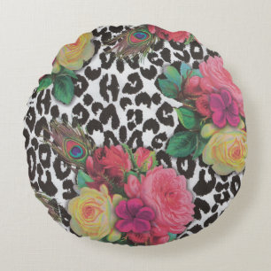 vintage elegant flowers cheetah peacock floral round cushion